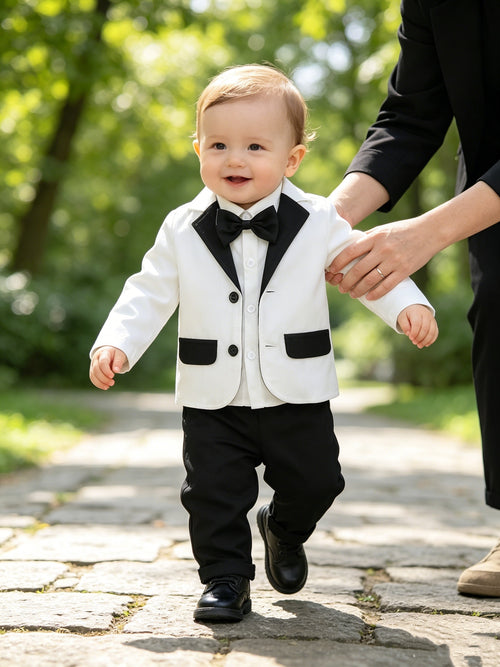 0-3 Years Boys' Spring/Autumn Gentleman Suit Three-Piece Set: Black and White Contrast Color Jacket + White Shirt + Trousers, with Bow Tie Decoration, Suitable for Baptisms, Wedding Seasons, Birthday Parties, Holiday Performances, and Daily Outdoor