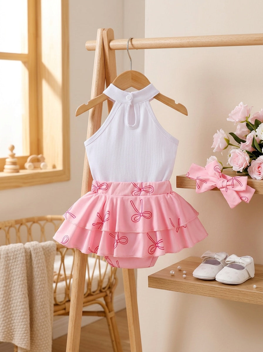 Girl's Sleeveless Halter Neck Pink Bow Top + Pink Bow Print Shorts + Bow Print Headscarf, Perfect for Outdoor