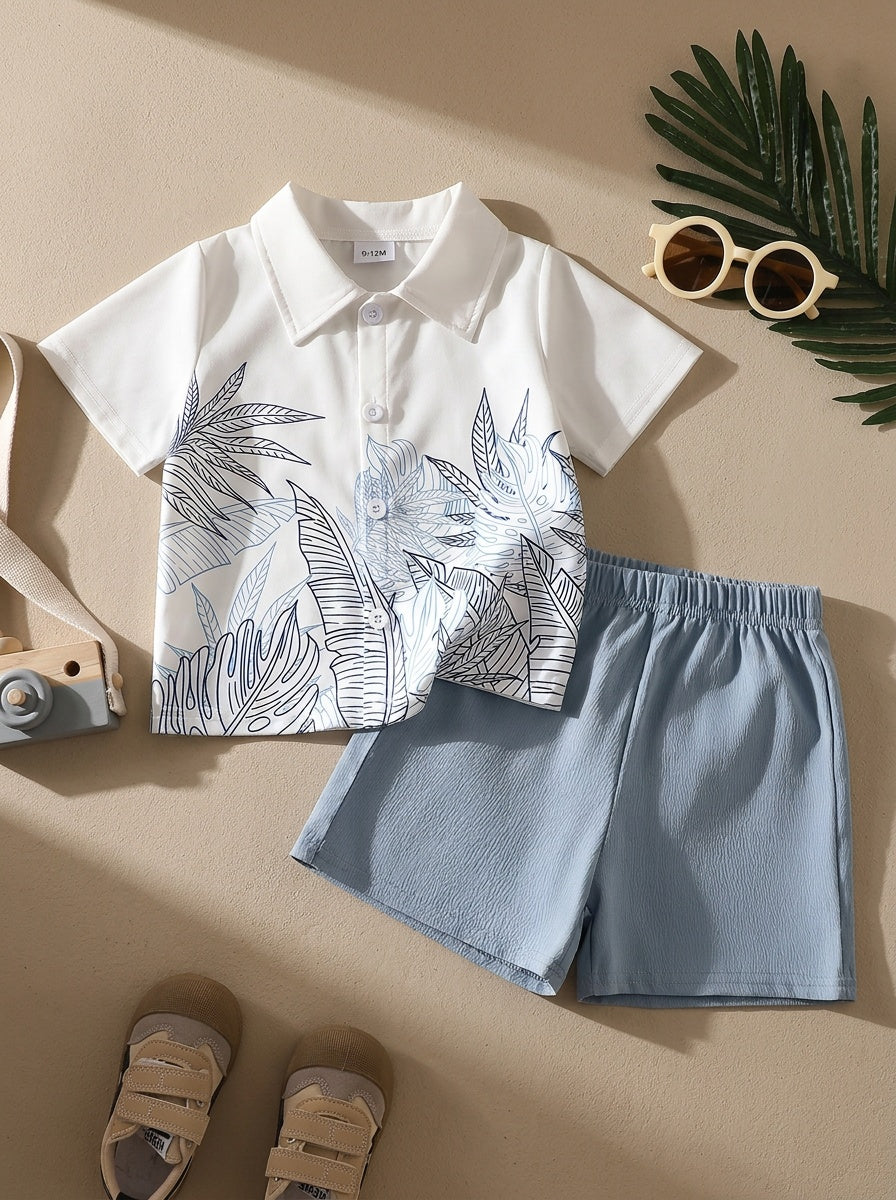 Spring/Summer Boys' Tropical Plant Print Set: Refreshing Polo Collar Short Sleeve Top + Light Blue Shorts 2pcs Set, Perfect for Outdoor