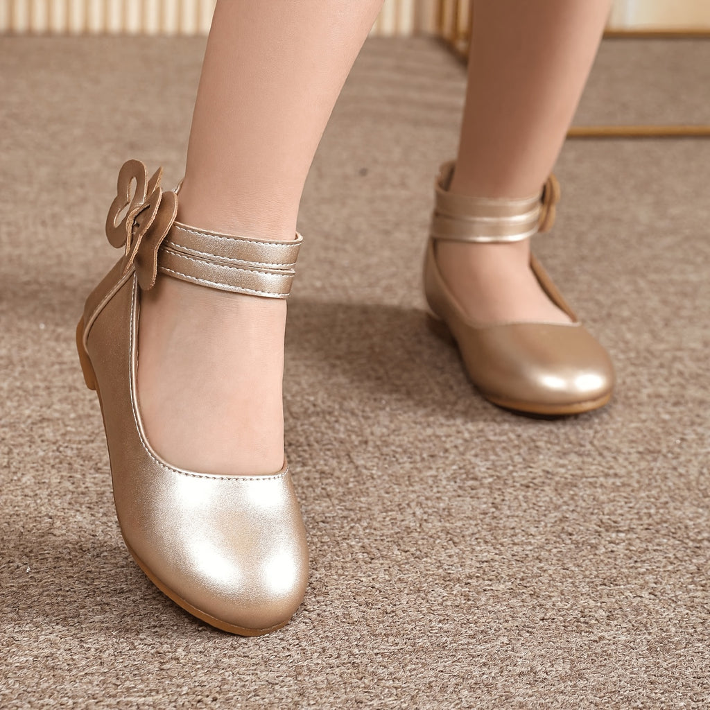 1 Pair Girls' Champagne Bow Mary Jane Princess Shoes, Double-Layer Ankle Hook-And-Loop Closure, Easy on And Off. Suitable for School Activities, Weddings, Birthday Parties, And Daily Outings