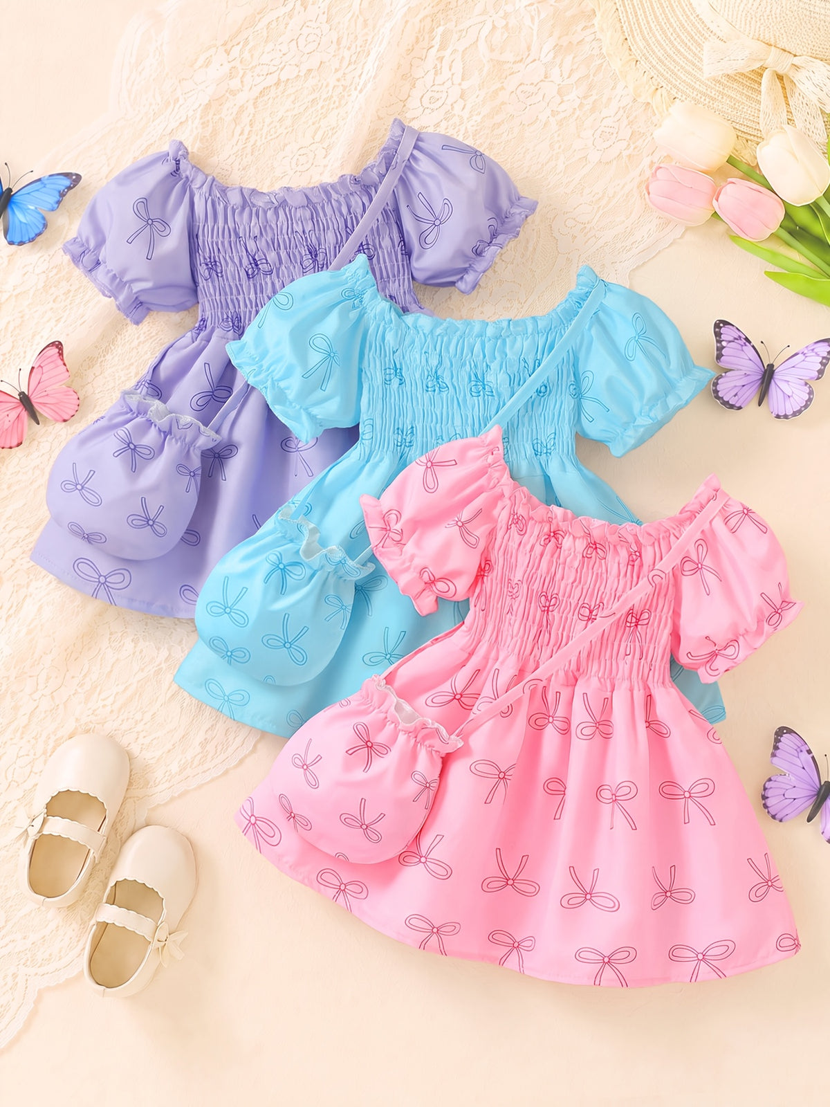 Girls Polyester Dress Set with Irregular Bowknot Print