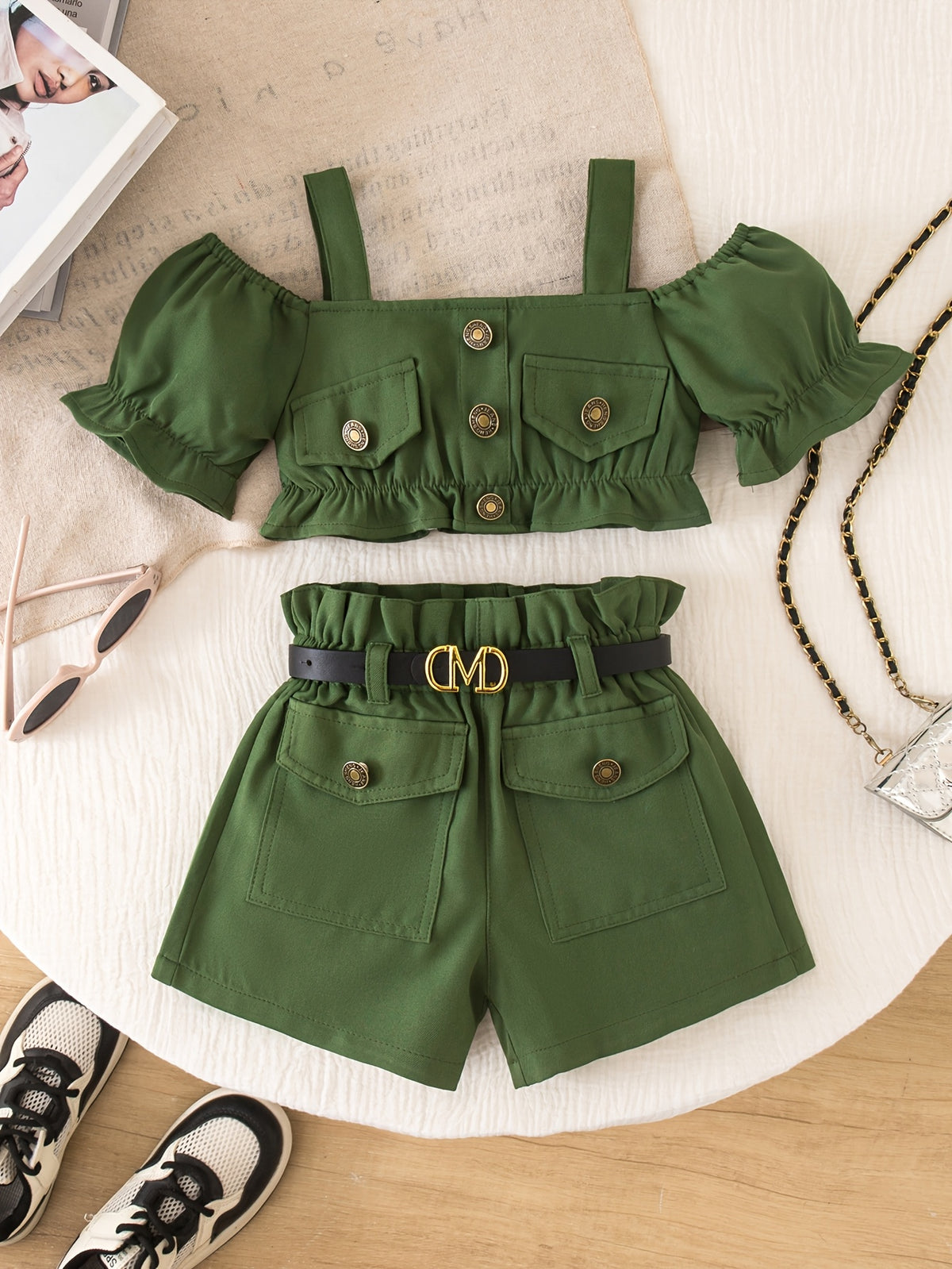 Girls’ Spaghetti Strap Shorts Set With Adjustable Waist