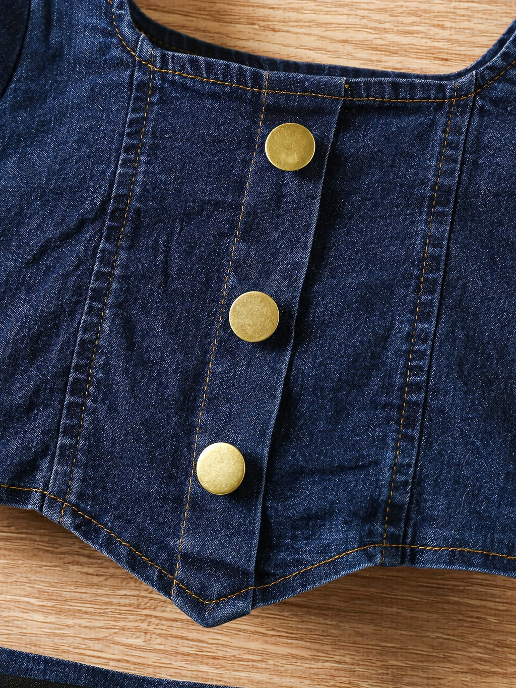 Girls' Denim Skirt Suit with Puff Sleeves and Belt