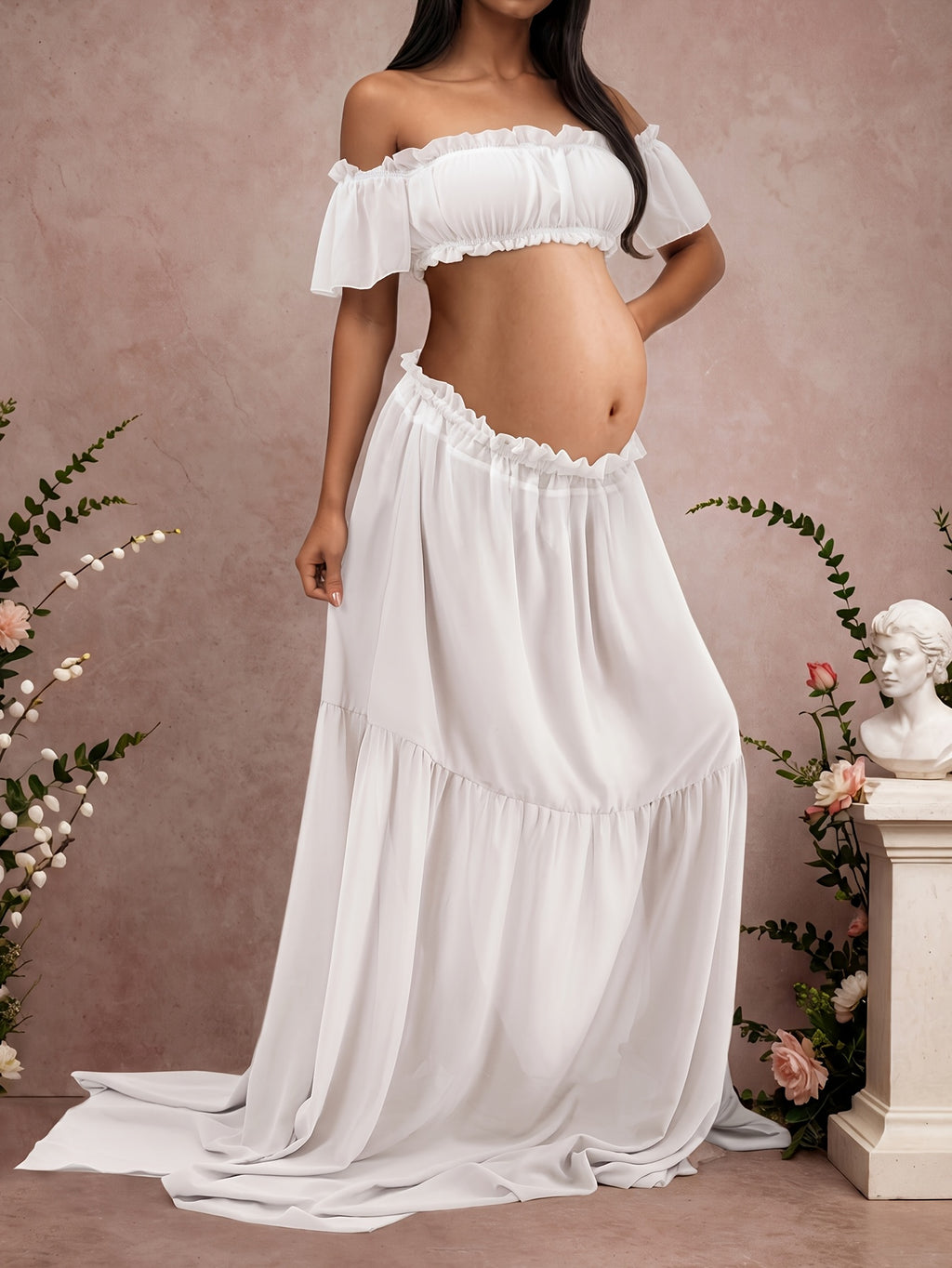 Off Shoulder 2pcs Maternity Set, Non-Stretch Draped Crop Top & Swing Floor-Length Maxi Skirt, Elegant Dreamy Outfit for Maternity Photoshoots, Loose Ruched Maternity Skirt Set, Women's Outfit for Pregnancy Banquets & Daily Wear