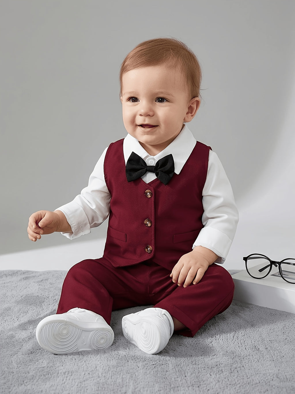 Baby Boy Spring/Autumn Woven Fashionable Trendy Casual Simple Vintage Party Vacation Gentleman Bow Tie Lapel Shirt Long Sleeve Vest and Trousers 3pcs Set