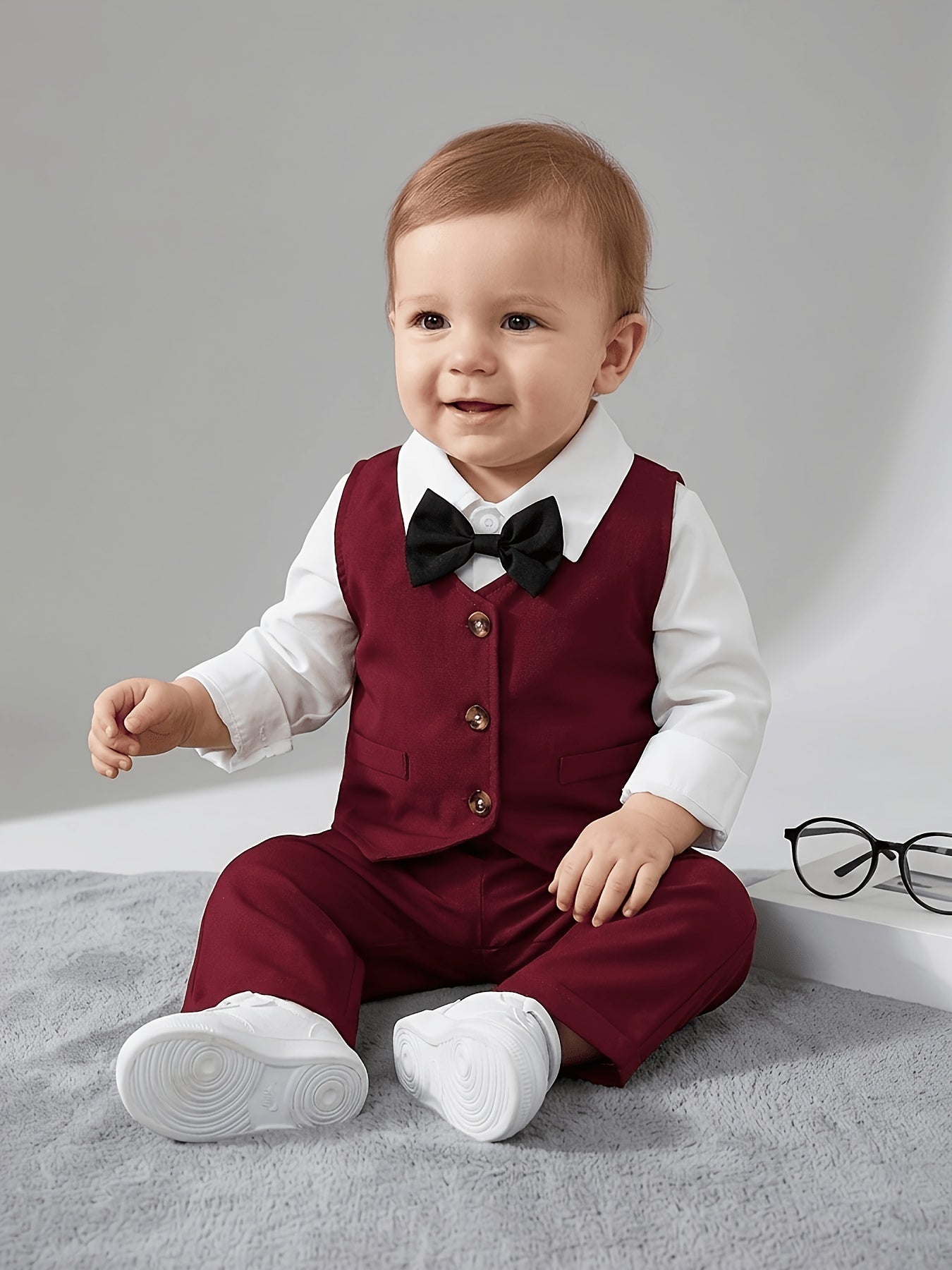 Baby Boy Spring/Autumn Woven Fashionable Trendy Casual Simple Vintage Party Vacation Gentleman Bow Tie Lapel Shirt Long Sleeve Vest and Trousers 3pcs Set