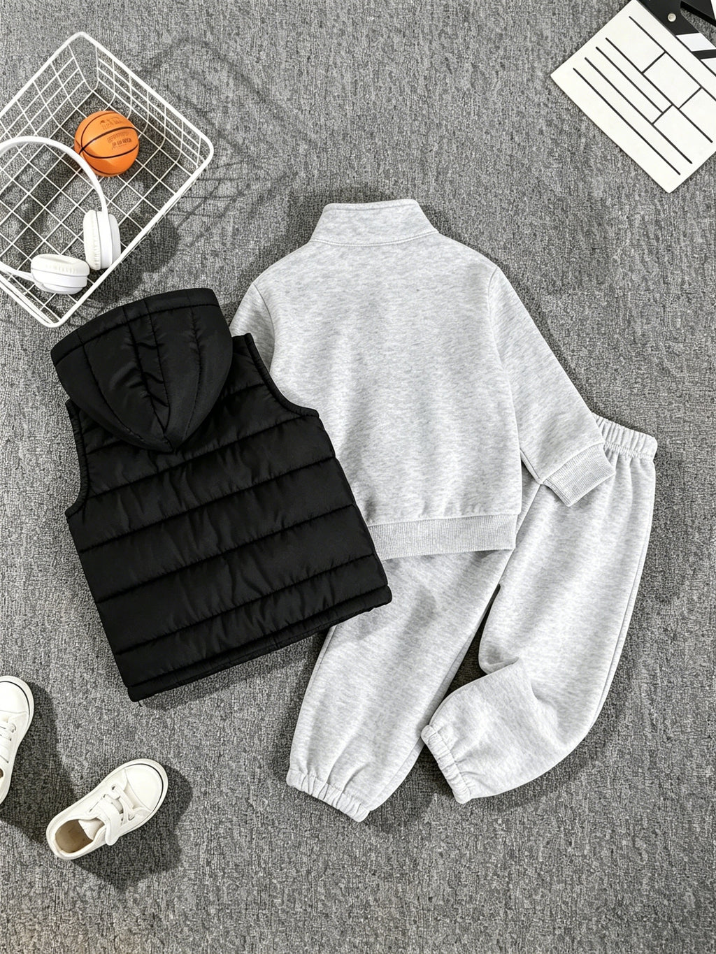 3pcs Boys' Autumn/Winter New Arrival New York Letter Print Stand Collar Solid Color Sweatshirt, Long Pants, and Casual Fashion Hooded Vest, Perfect for Outdoor