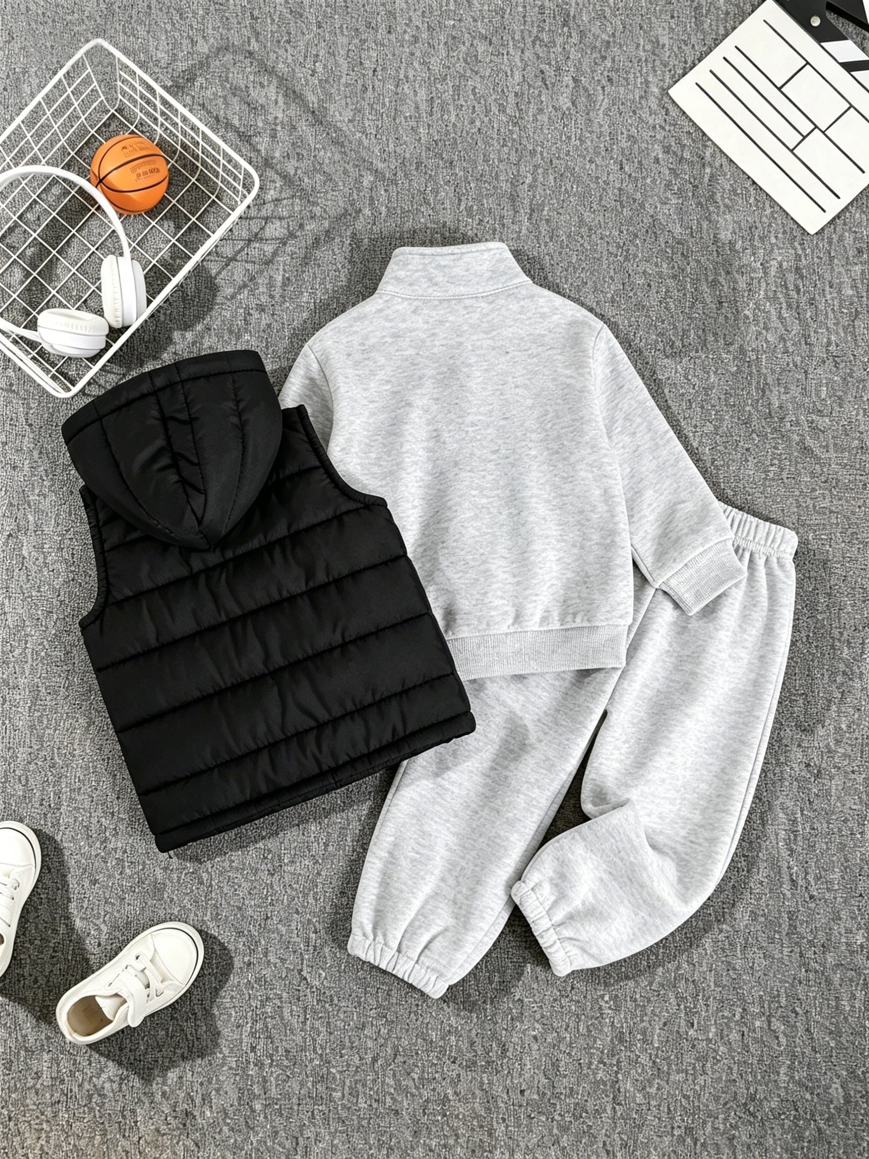3pcs Boys' Autumn/Winter New Arrival New York Letter Print Stand Collar Solid Color Sweatshirt, Long Pants, and Casual Fashion Hooded Vest, Perfect for Outdoor