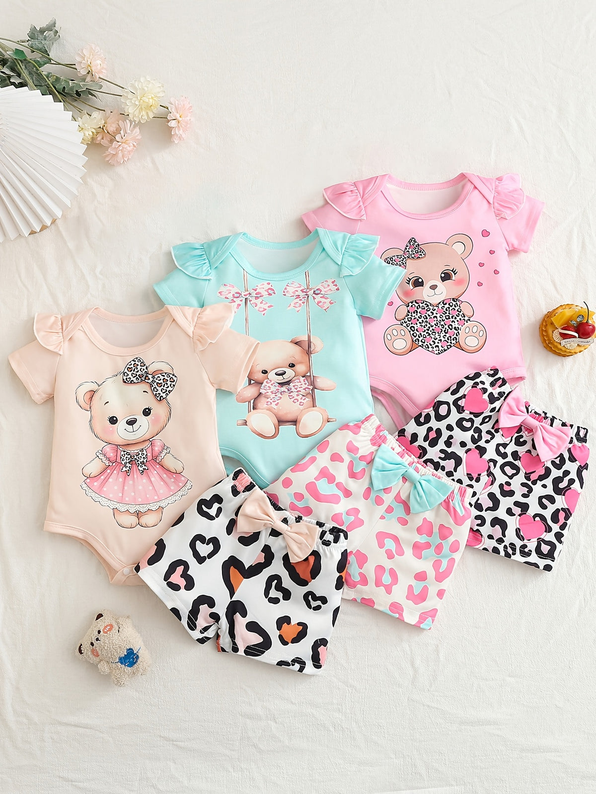 6pcs Baby Girls Summer Bodysuit Set with Cartoon Bear Print