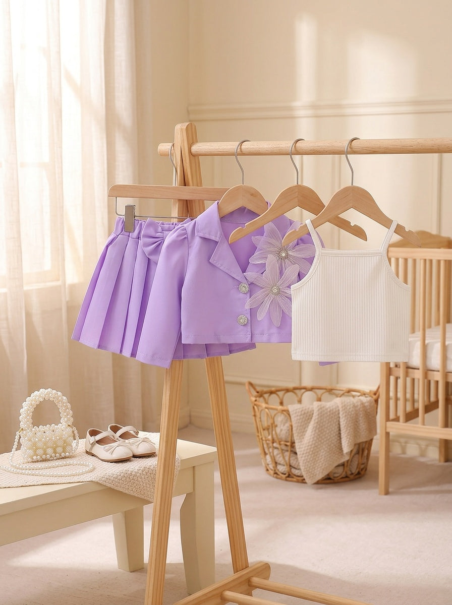 Girls' Spring/Autumn Purple Jacket, Skirt, and White Camisole 3pcs Set