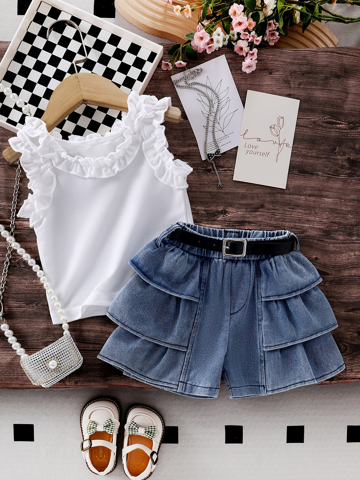 Baby Outfit Set with Solid Top and Ruffled Denim Shorts