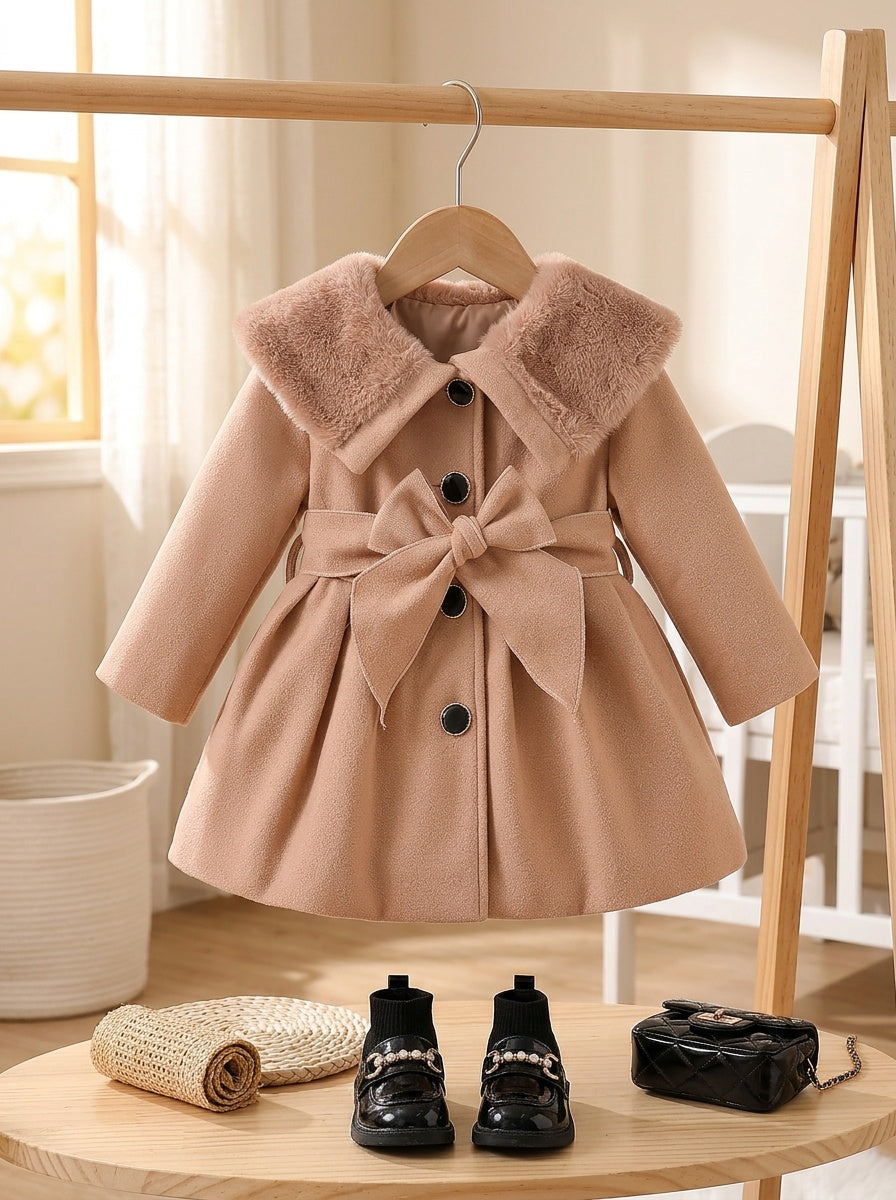 Girls' Light Brown Plush Collar Jacket for Autumn/Winter