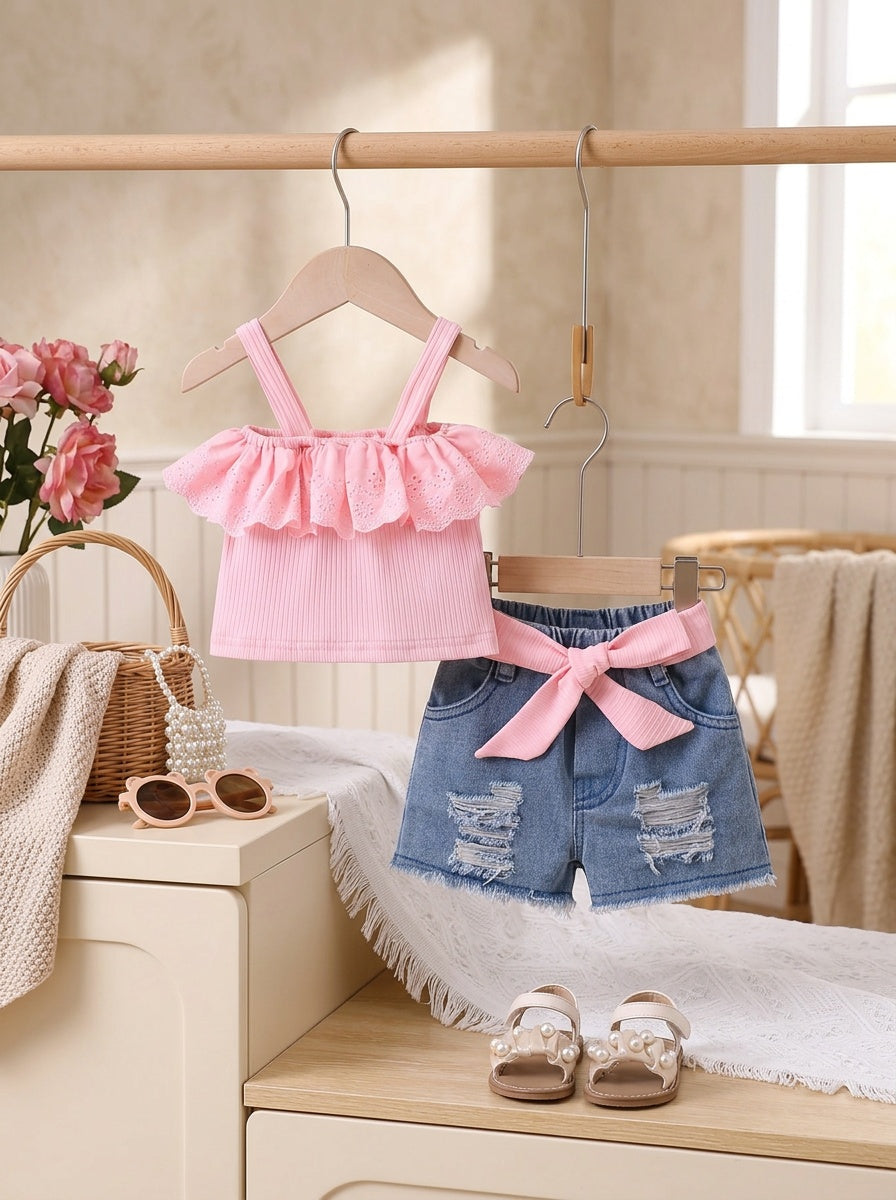 Baby Girl Outfit Set with Floral Ruffle Neckline