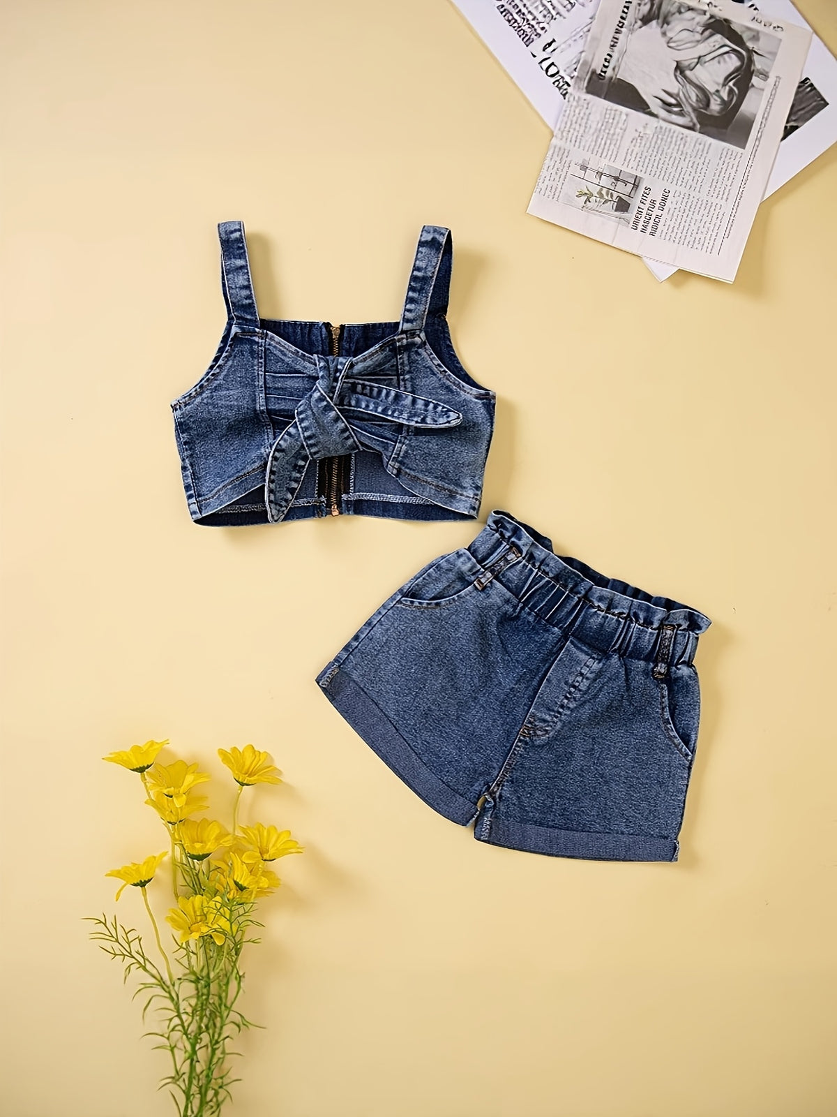 Girls' Denim Set with Bow Detail and Cuffed Shorts