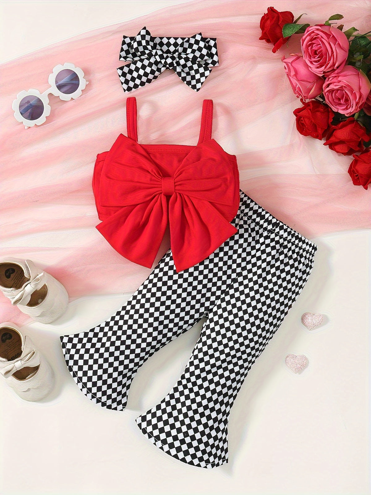Camisole Bow Top And Plaid Pants Set, for Outdoor