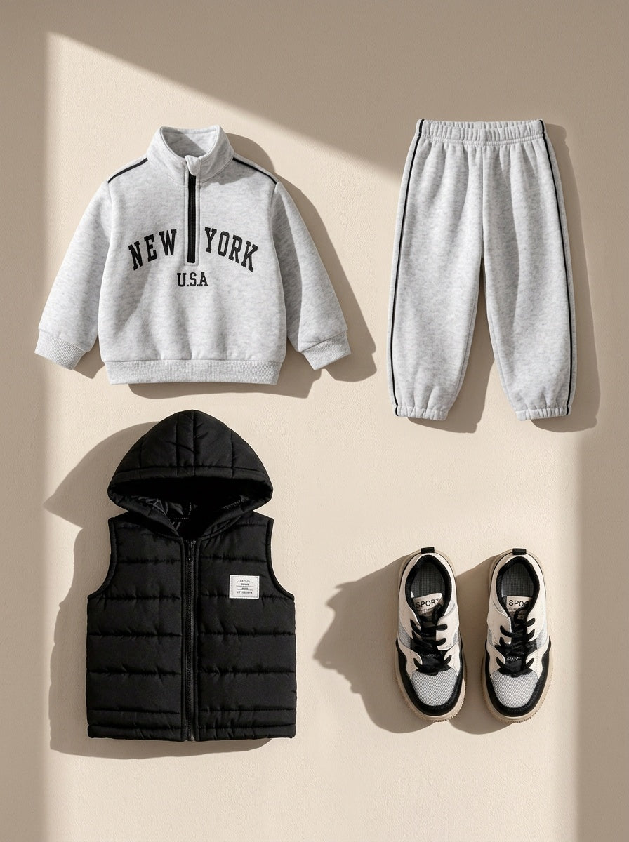 3pcs Boys' Autumn/winter New Style New York Letter Print Shirt with Small Stand-up Collar, Solid Color Sweatshirt and Trousers, and Solid Color Hooded Vest Jacket Casual Fashion Set, Perfect for Outdoor