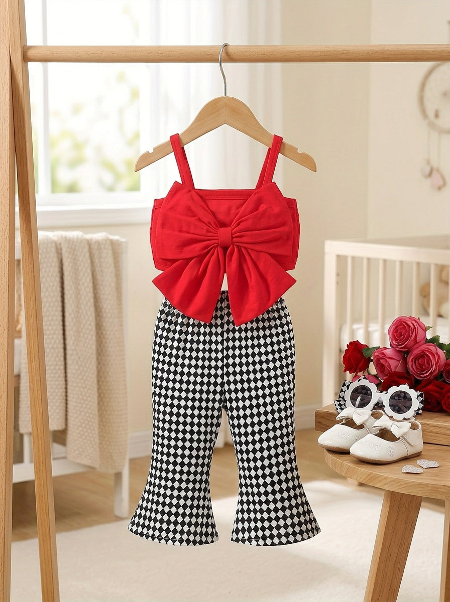 Camisole Bow Top And Plaid Pants Set, for Outdoor