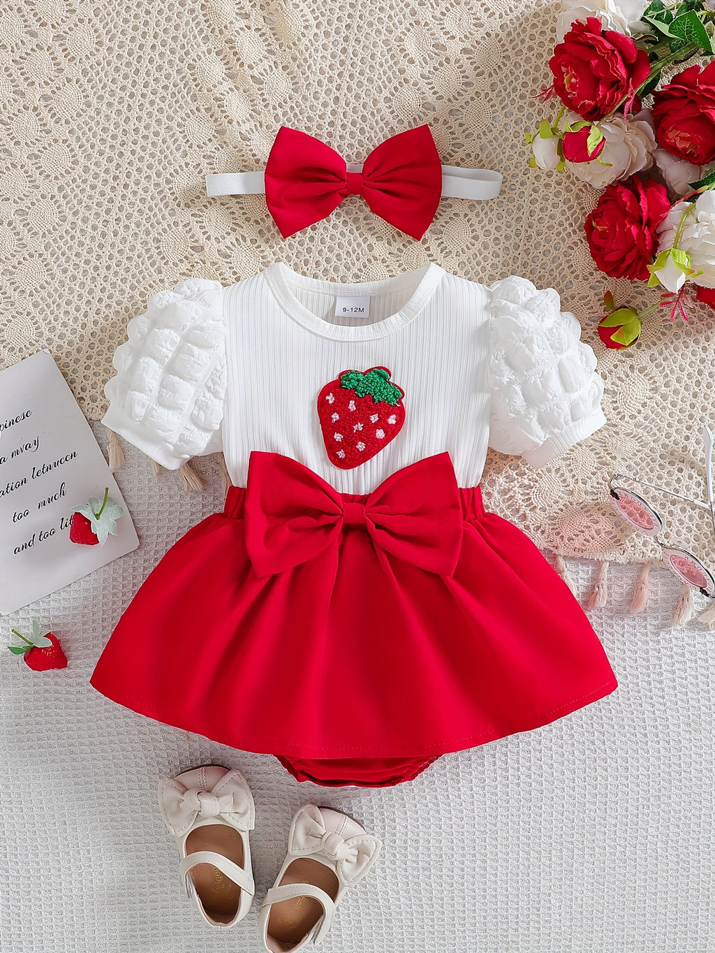 Baby Girl Bodysuit with Strawberry Bow Hair Accessory