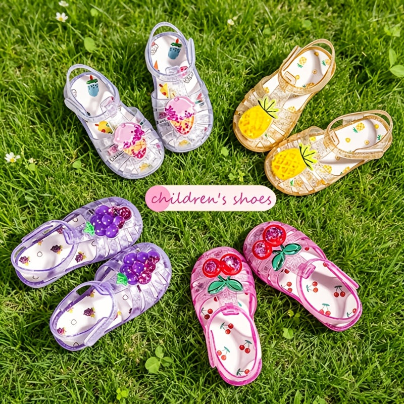 Summer New Fruit-Themed Design Beach Sandals Roman Hollow Princess Shoes, Themed Color (White | Pink | Purple | Yellow) Multi-Choice, Adjustable Fit for Young 'S Daily Indoor Outdoor Play Beach Shoes