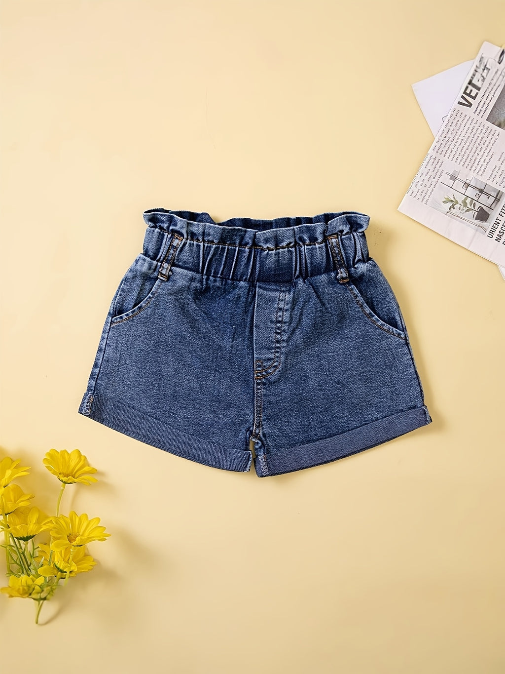 Girls' Denim Set with Bow Detail and Cuffed Shorts
