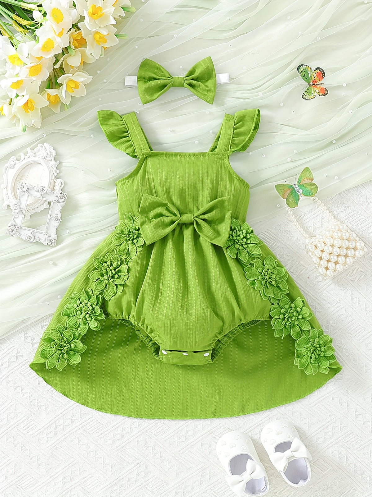 Baby Girl Romper in Fresh Green with Floral Details