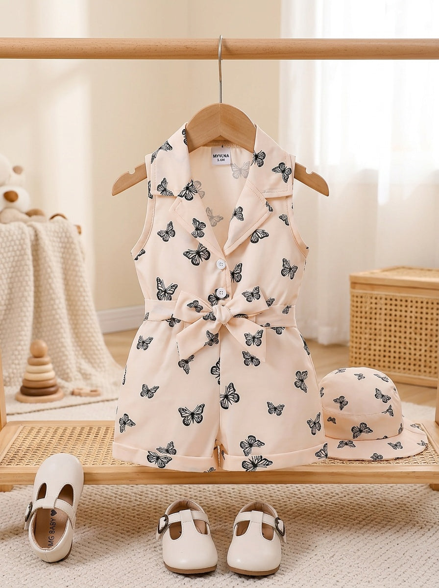 Cute All-Over Print Butterfly Sleeveless Collared Romper + Sun Hat 2pcs Set