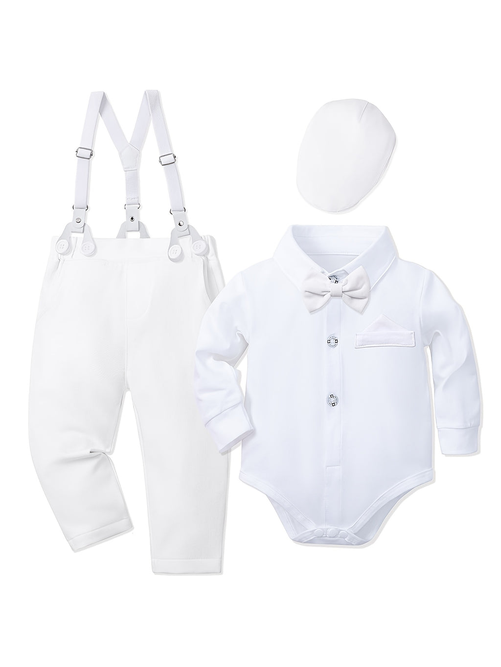Boys' Long-Sleeve Pure White Christening Set with Hood, 3pcs Set