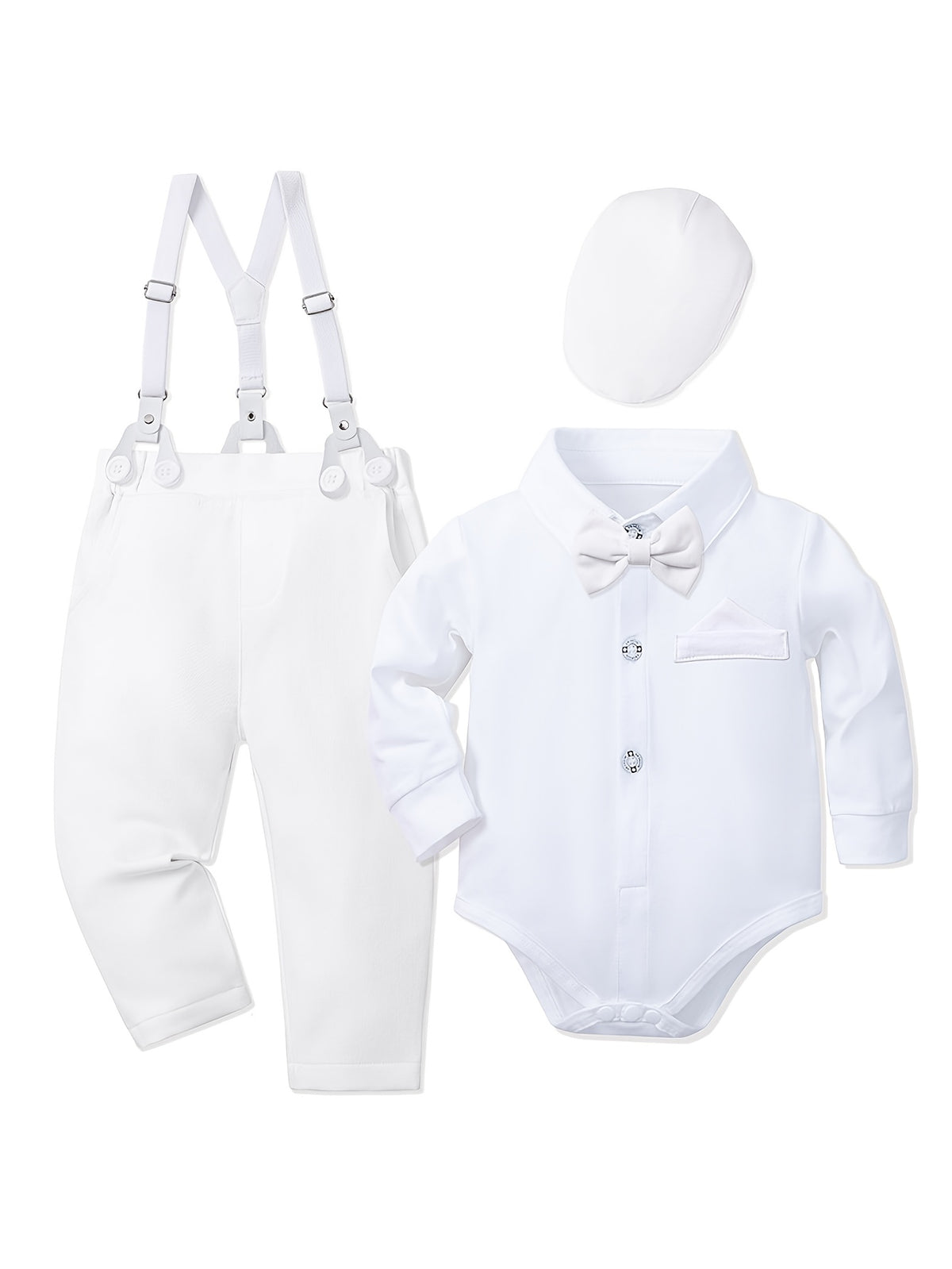 Boys' Long-Sleeve Pure White Christening Set with Hood, 3pcs Set