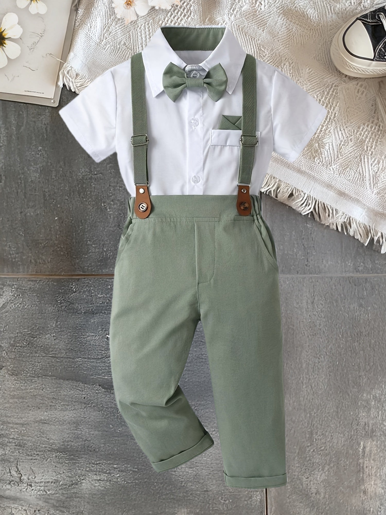 Boarnseorl Boys' Gentleman Set Two-Piece White Short Sleeve Shirt with Bow Tie and Green Long Pants Overalls Fashion Romantic Formal Wear for Performances, Parties, and Outdoor Activities