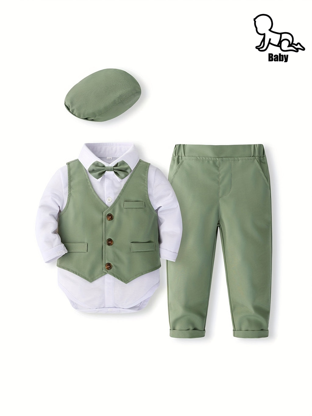 Infant and Toddler Four Seasons Set: Baby Long-Sleeve Bodysuit, Vest, Long Pants, Hat, Gentleman's First Birthday Party Outfit