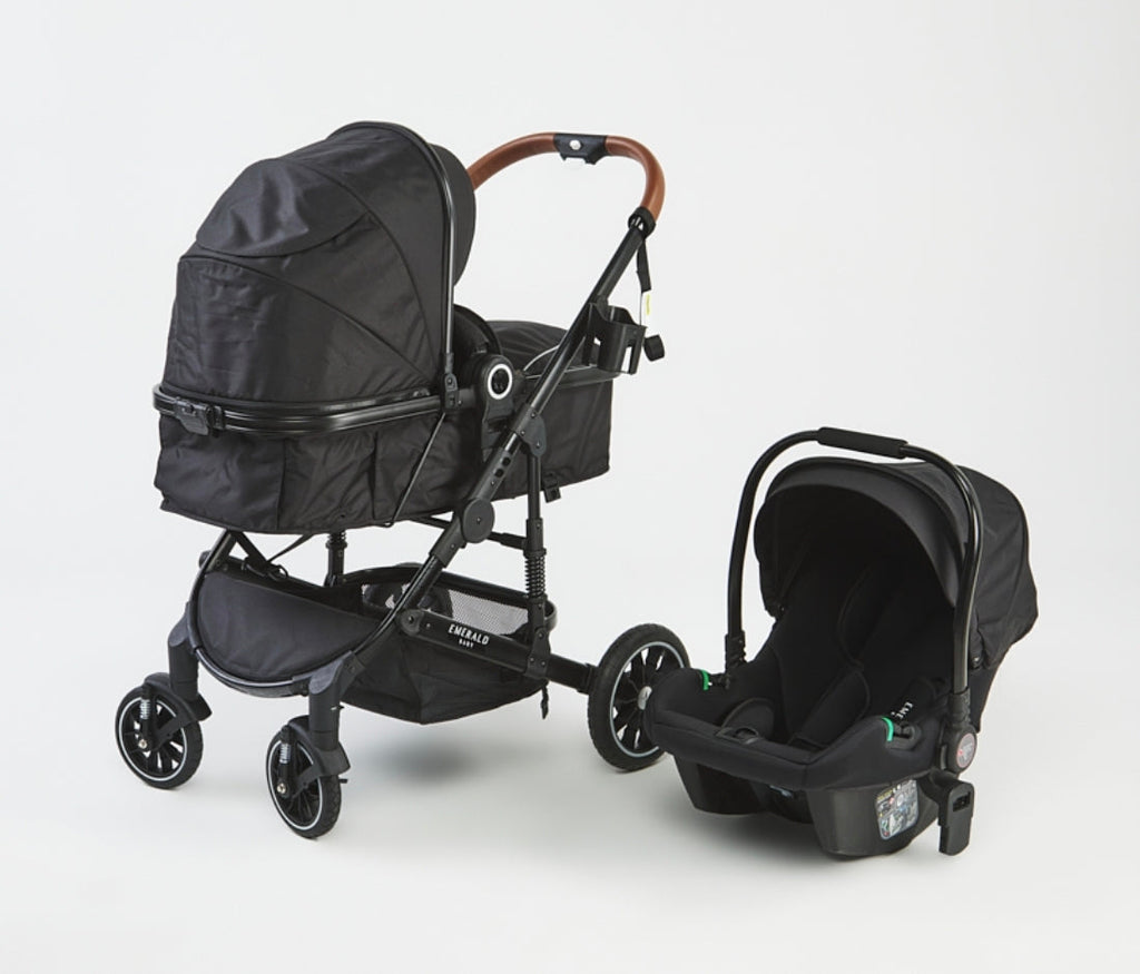 Emerald Baby Compact 3 in 1 Stroller Set with Car Seat & Nappy + Emerald Baby Yara Extra Length Camp Cot