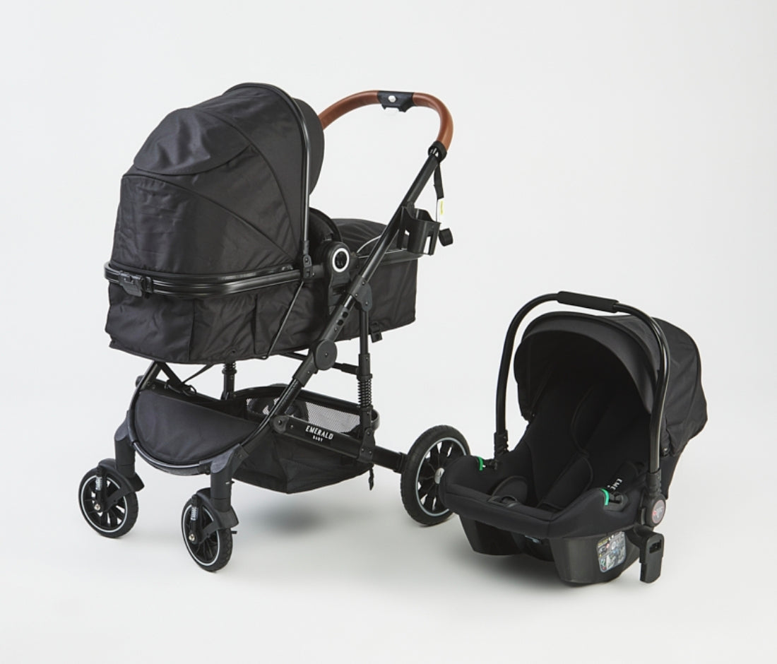 Emerald Baby Compact 3 in 1 Stroller Set with Car Seat & Nappy + Emerald Baby Yara Extra Length Camp Cot