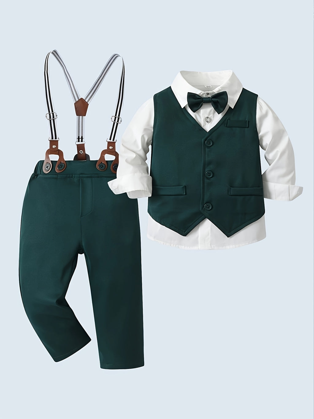 Boarnseorl Boys' Gentleman 3pcs Set: Long-Sleeve Shirt with Bow Tie, Dark Green Vest, and Trousers, Suitable for Birthday Parties, Weddings, Banquets, and Performances
