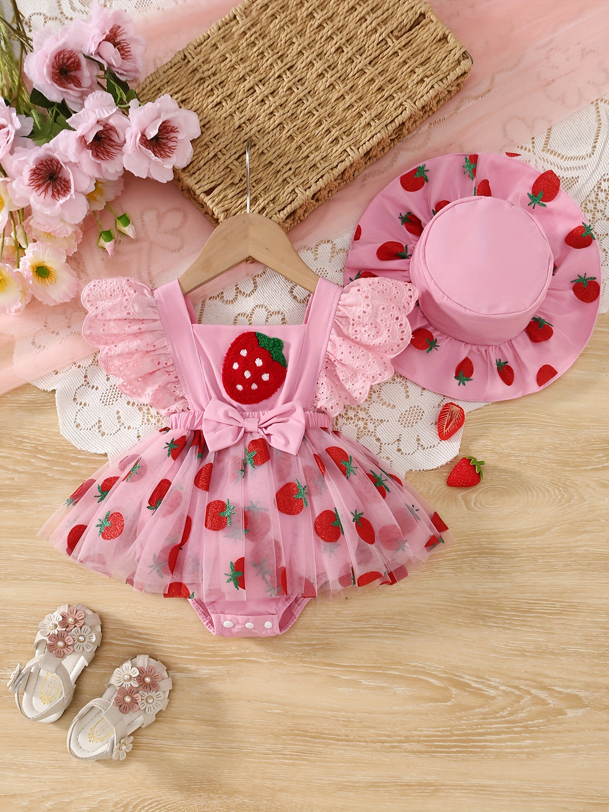 Baby Girl Pink Strawberry Print Bodysuit and Hat Set