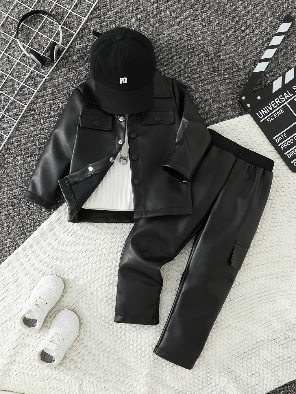 2-Piece Boys' Autumn/Winter Long Pants Set, Black Jacket & Black Pants 2pcs Set, Comfortable, Versatile, and Stylish Casual Outfit for Kids, Suitable as a Gift, Perfect for Outdoor
