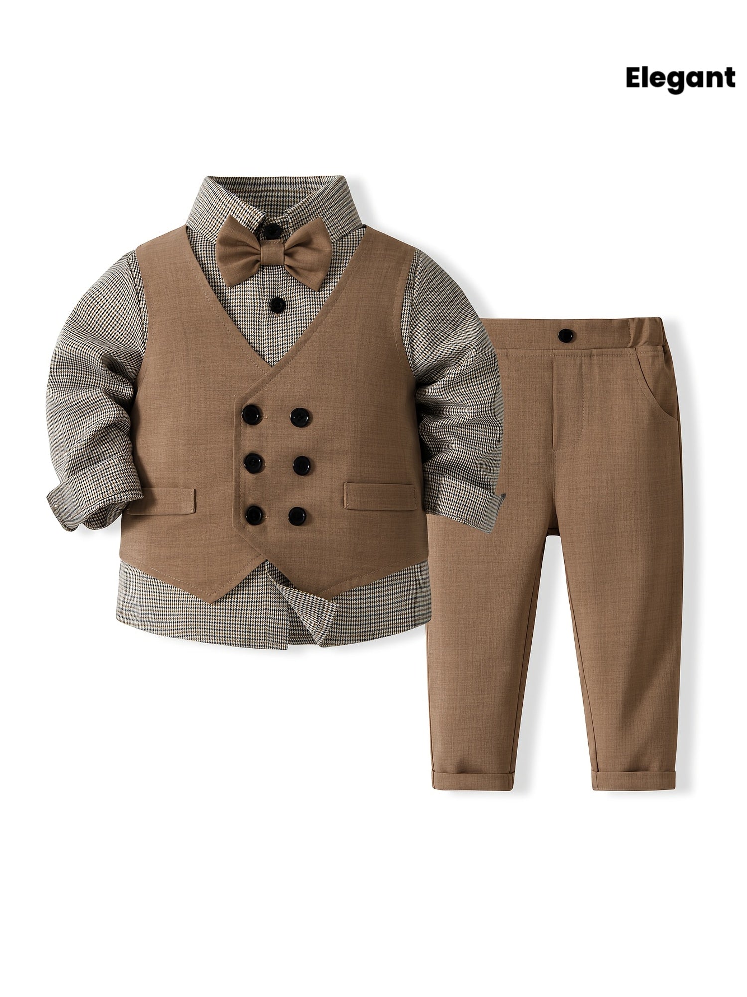 Infant & Toddler Gentleman's Formal Wear Set: Plaid Shirt, Double-Layer Vest, Pants, and Bow Tie - Elegant Suit for Baby's First Birthday Party, Christening, or Special Occasions