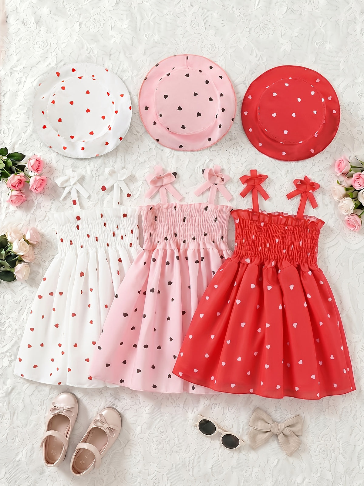 Girls' Heart Print Camisole Dress And Hat Set - 6pcs