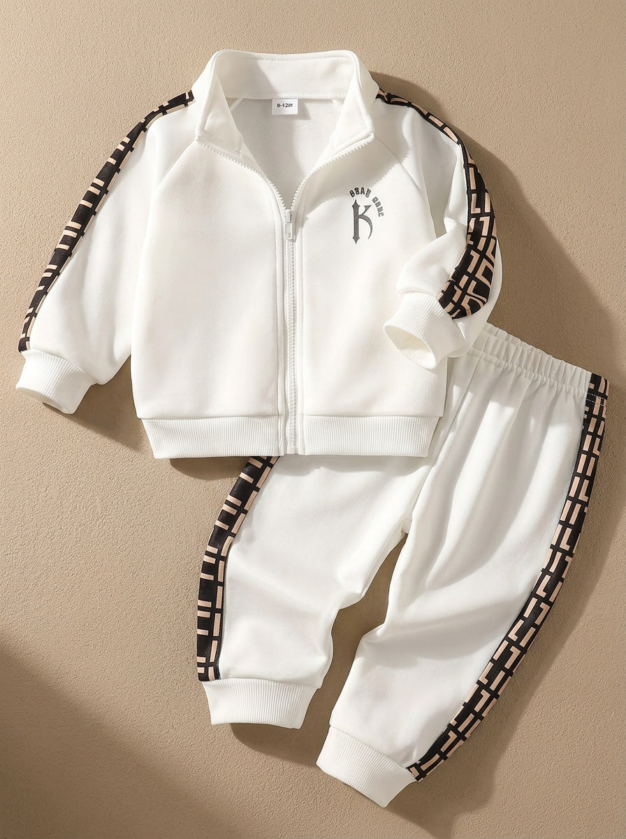 Cute Baby Boy White Stand-Up Collar Tracksuit with Side Stripes, Handsome Casual Two-Piece Set, Daily Wear, Cute Wear, Handsome Wear, for Outdoor