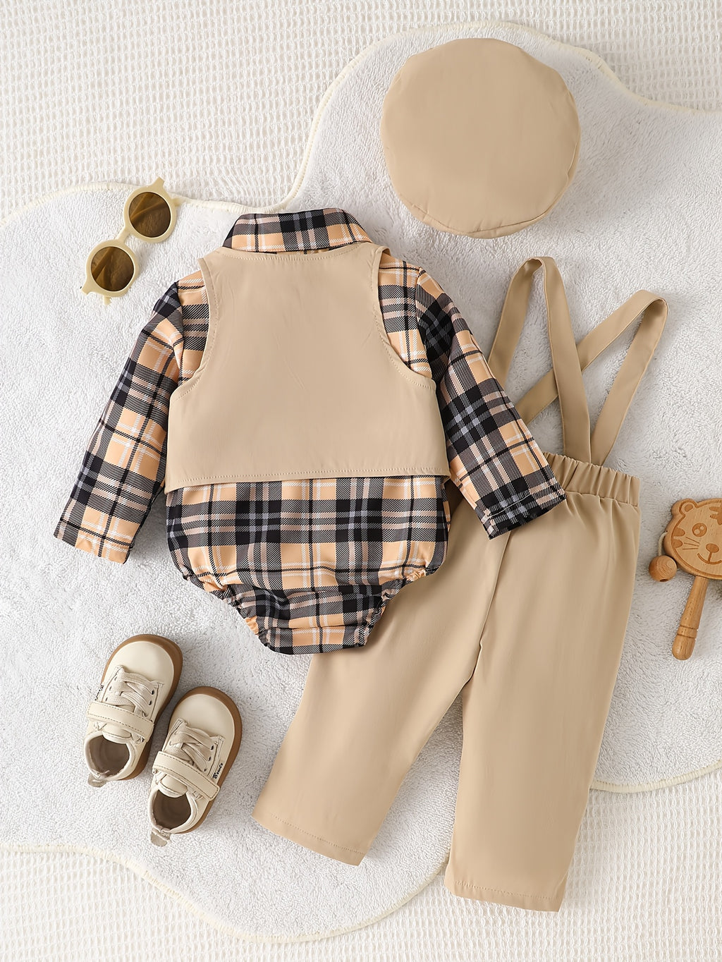 Baby Boy Casual Suit Set, Solid Vest, Plaid Jumpsuit Shirt, Solid Overalls Pants, Solid Beret Hat, Back-To-School Gift, Wedding Season Suit, Banquet Outfit Choice, Daily Streetwear
