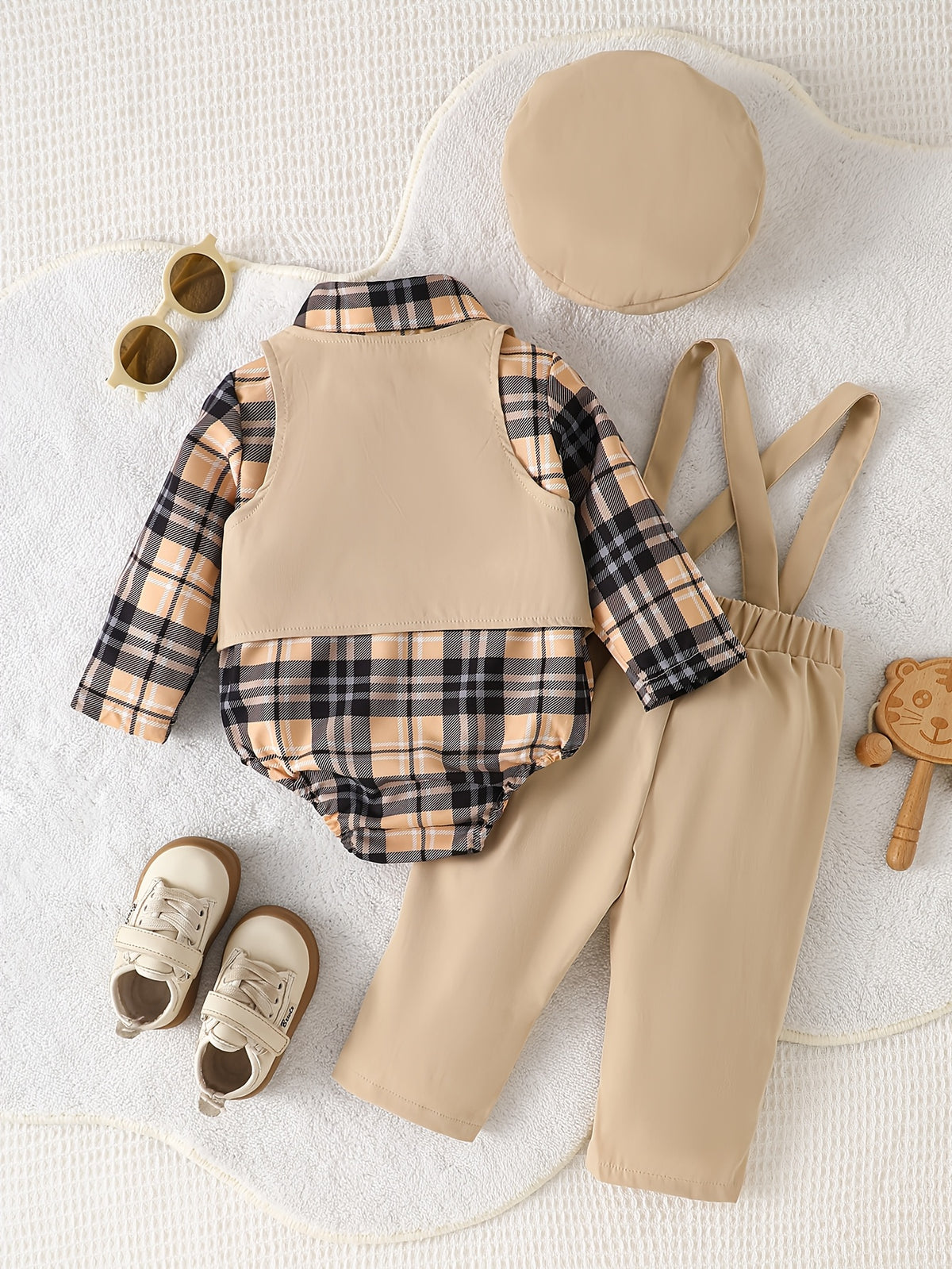 Baby Boy Casual Suit Set, Solid Vest, Plaid Jumpsuit Shirt, Solid Overalls Pants, Solid Beret Hat, Back-To-School Gift, Wedding Season Suit, Banquet Outfit Choice, Daily Streetwear