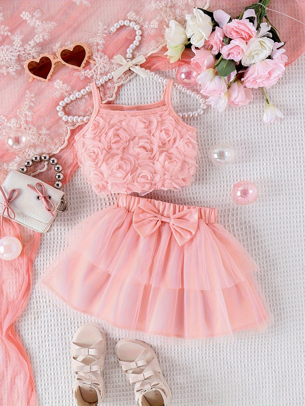 Girls Floral Top and Mesh Skirt Set with 3D Flowers