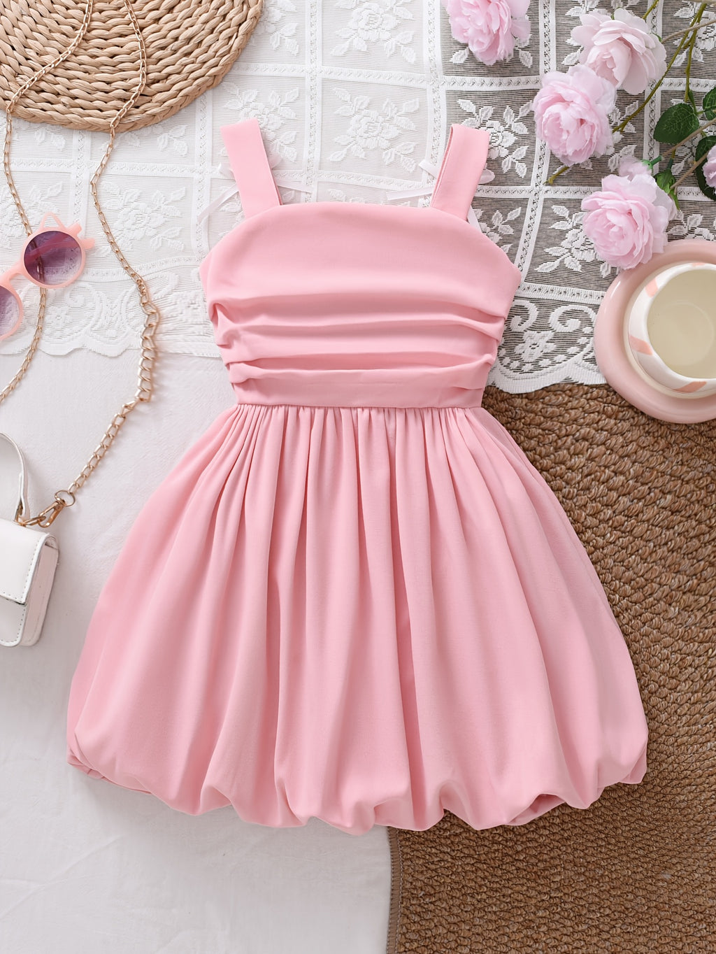 Sweet and Adorable Fairy-style Summer Dress for Little Girls, Featuring a 3D Bow-decorated Spaghetti Strap Bodycon Gathered Bud Skirt in Pink. Suitable for Girls' Birthday Parties, Gatherings, and Daily Outings
