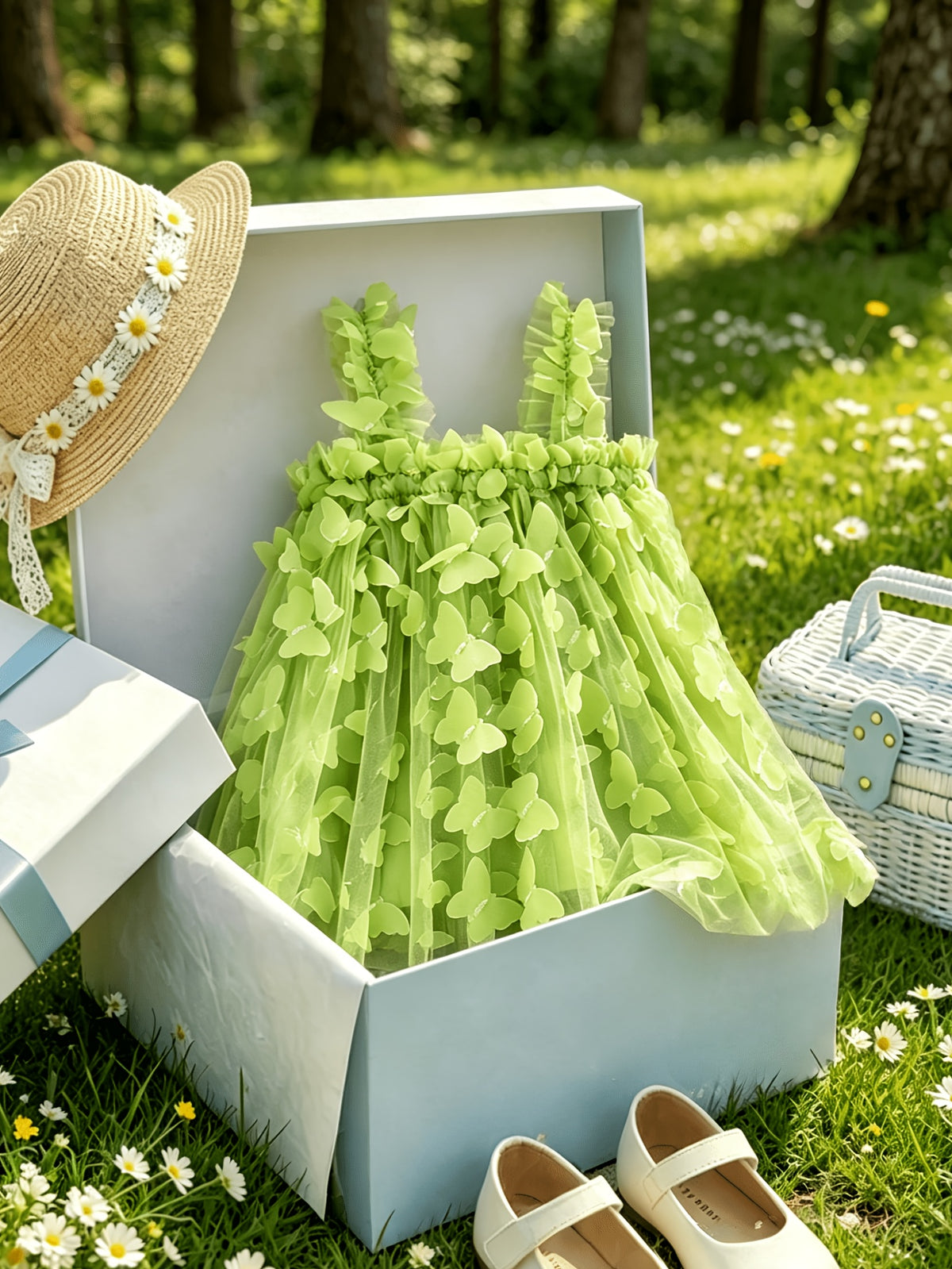 Summer New Arrival Girls' Spaghetti Suspender Dress, Mesh Breathable Sweet Butterfly Fashion Sheer Gown for Little Girls, Birthday Party Dinner Dress