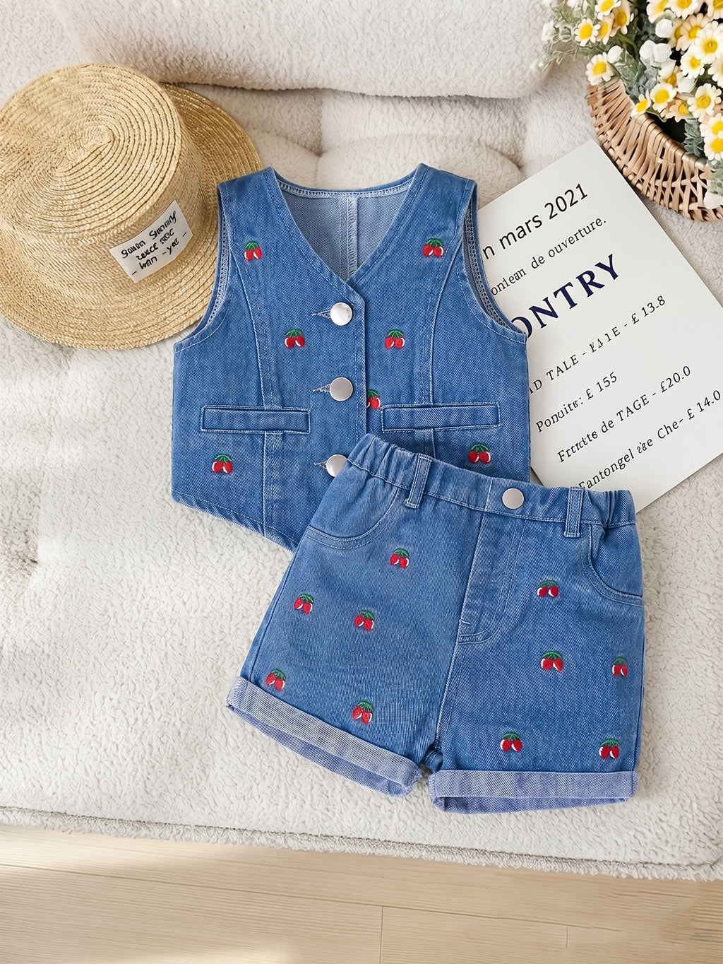 Girls' Denim Shorts Set with Cherry Embroidery