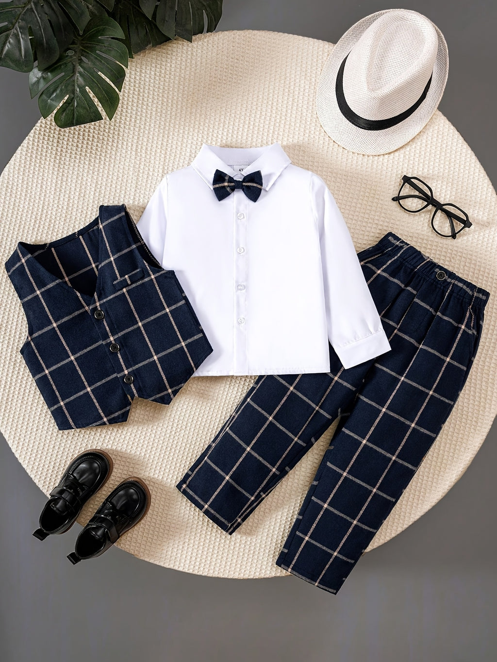 3pcs Toddler Gentleman Set: Navy Plaid Vest, Solid Color Collared Long Sleeve Shirt, Bow Tie And Elegant Trousers, Suitable for Parties, Weddings, Graduation Ceremonies And Other Formal Occasions
