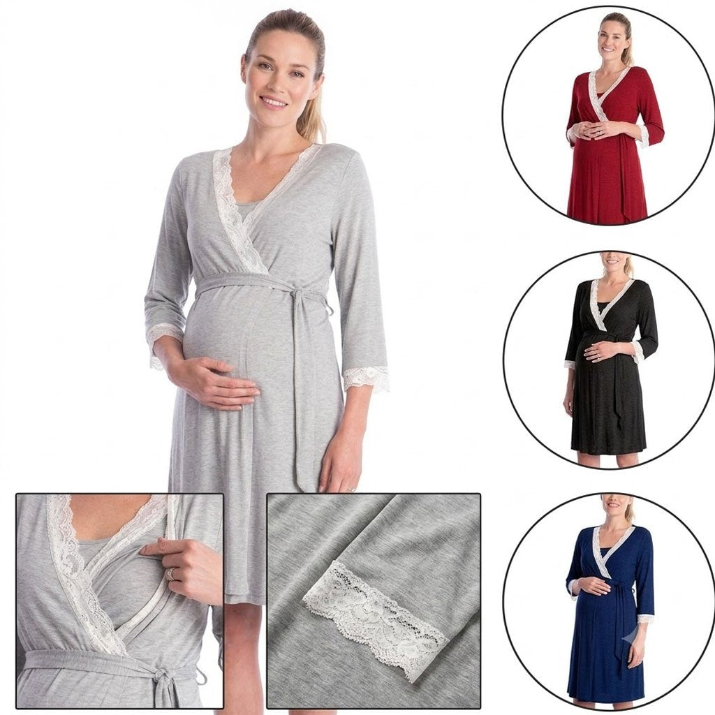 Lace Seven-Sleeve Maternity Nightgown Short Sleeve Loose Pregnancy Robe Home Pajama Dress