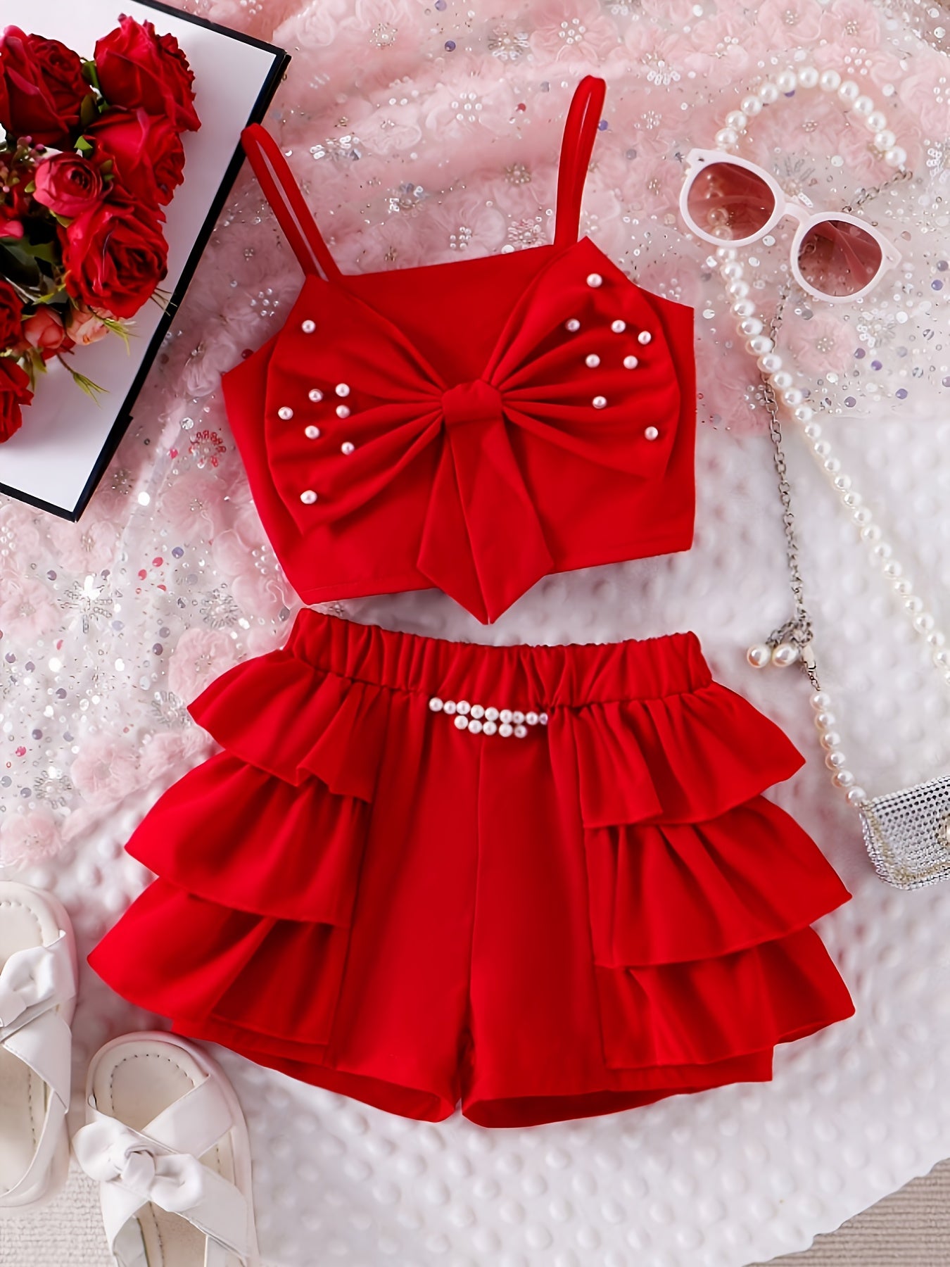 Girl's Elegant and Sweet Red Camisole Top with Red Casual Shorts 2pcs Set