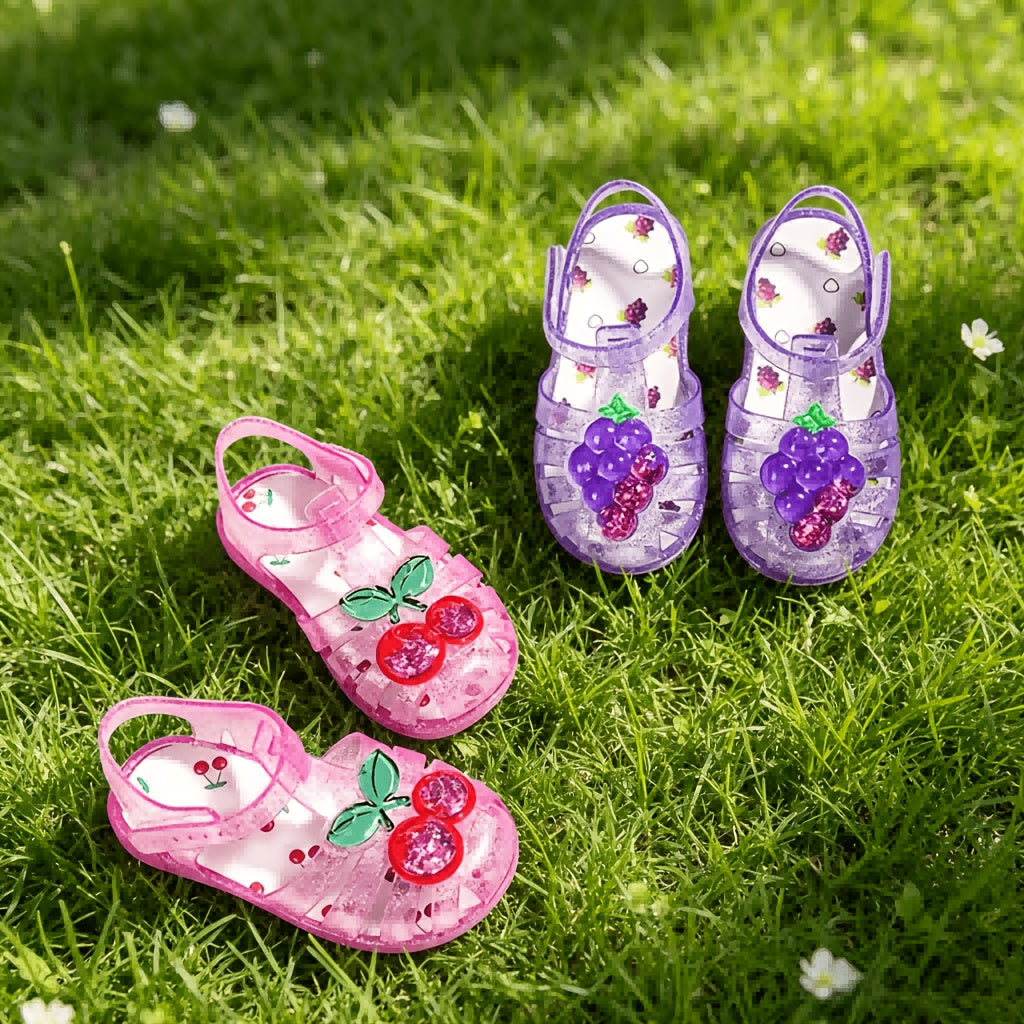 Summer New Fruit-Themed Design Beach Sandals Roman Hollow Princess Shoes, Themed Color (White | Pink | Purple | Yellow) Multi-Choice, Adjustable Fit for Young 'S Daily Indoor Outdoor Play Beach Shoes