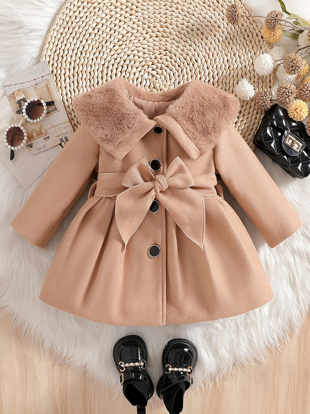 Girls' Light Brown Plush Collar Jacket for Autumn/Winter