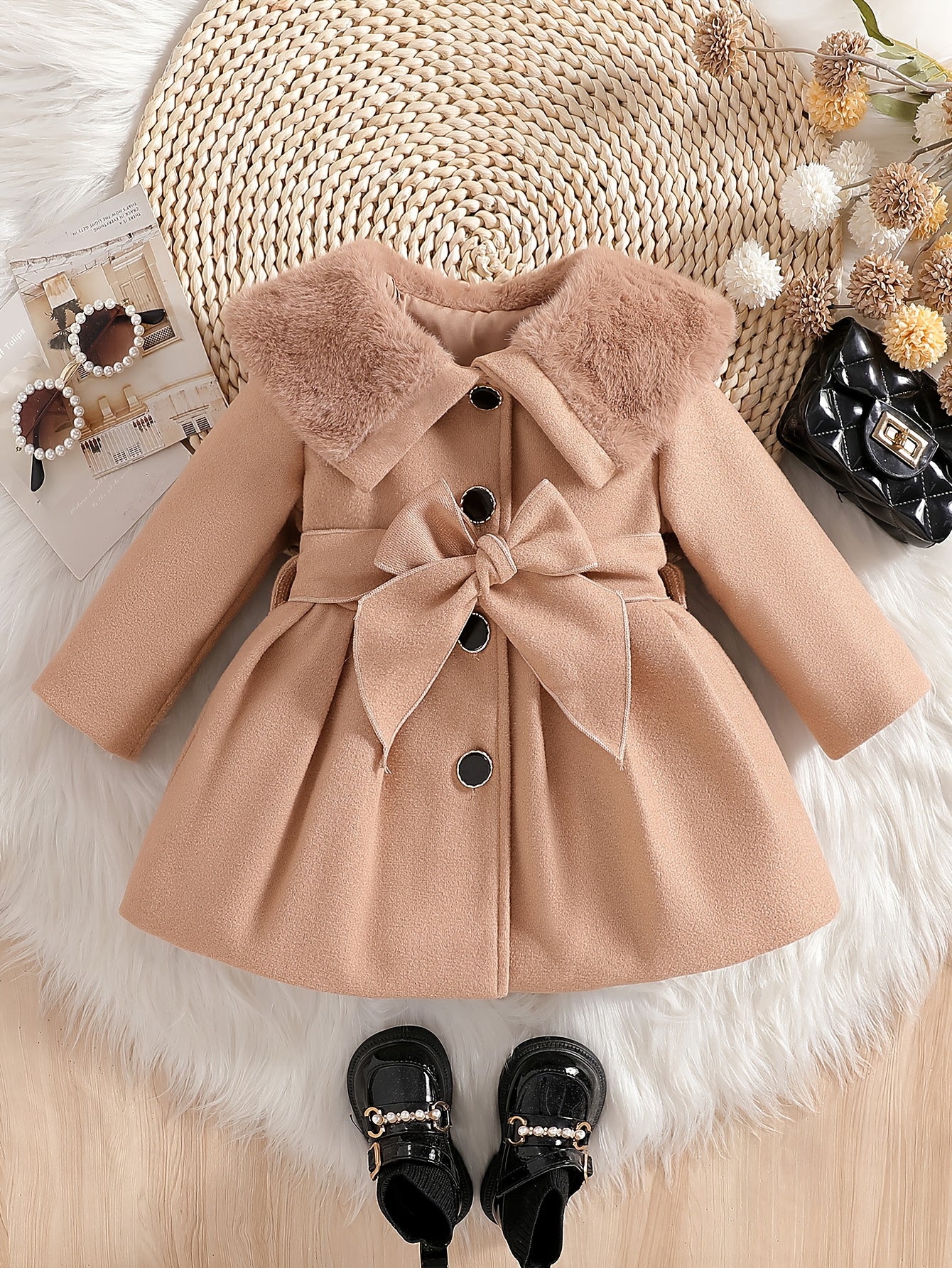 Girls' Light Brown Plush Collar Jacket for Autumn/Winter